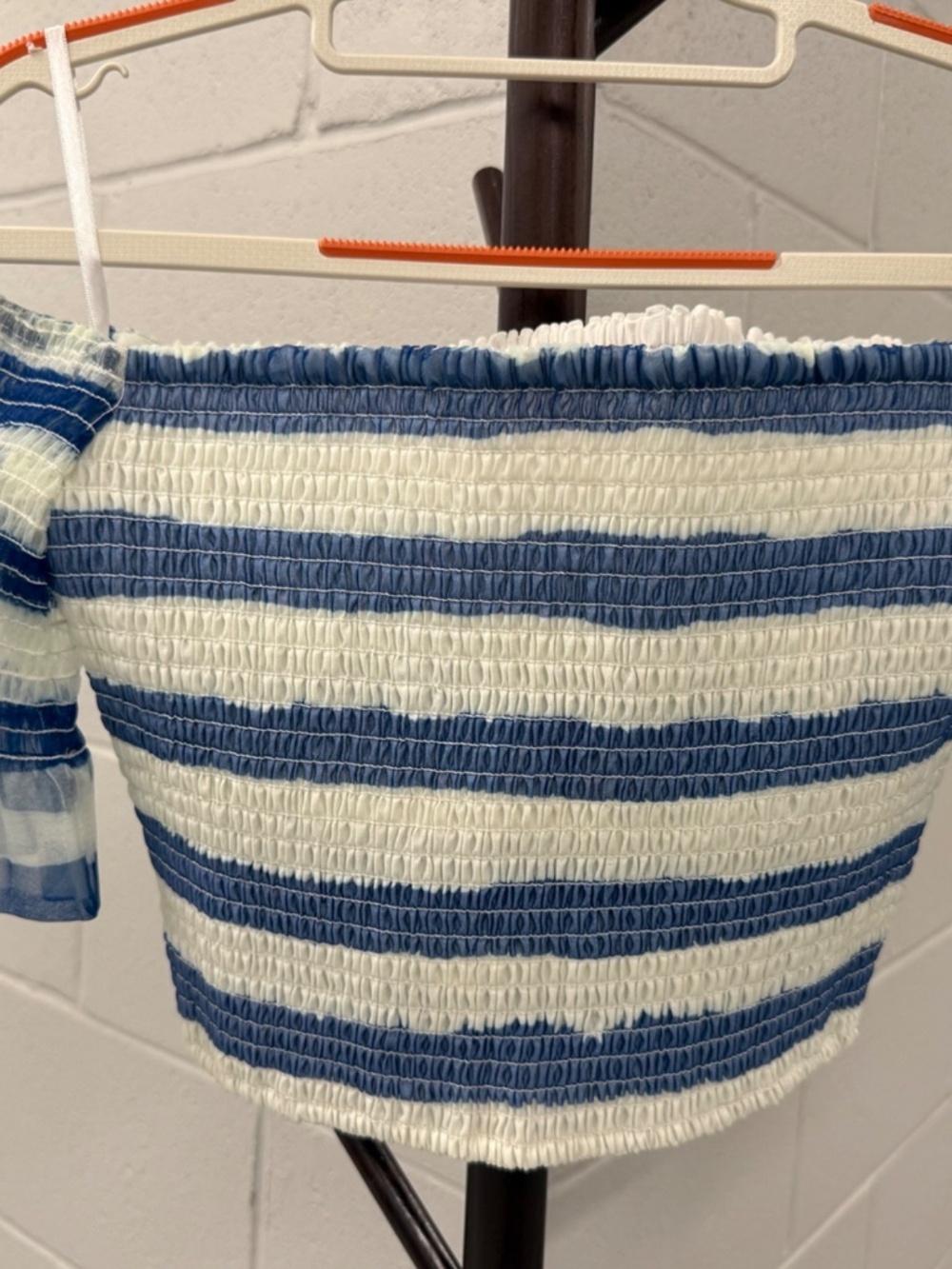 💙 STAUD Doric Crop Top XS Painted Smocked Off Shoulder Blue White Stripe - Picture 2 of 8